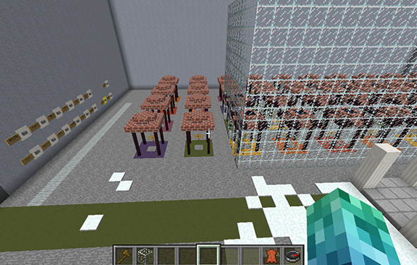 Aerial view of a virtual Minecraft classroom set up for workshop participants